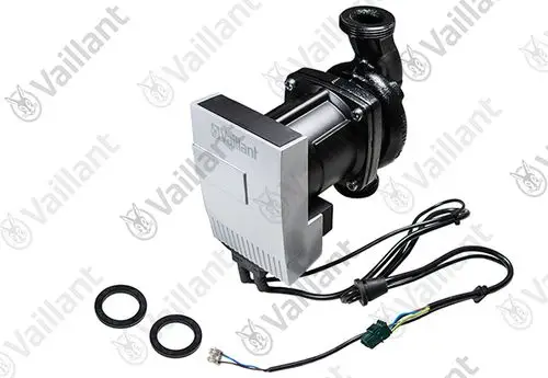 Vaillant Pumpe mit schwarzem Gehäuse und elektrischen Anschlussleitungen, zwei Dichtungen im Lieferumfang.